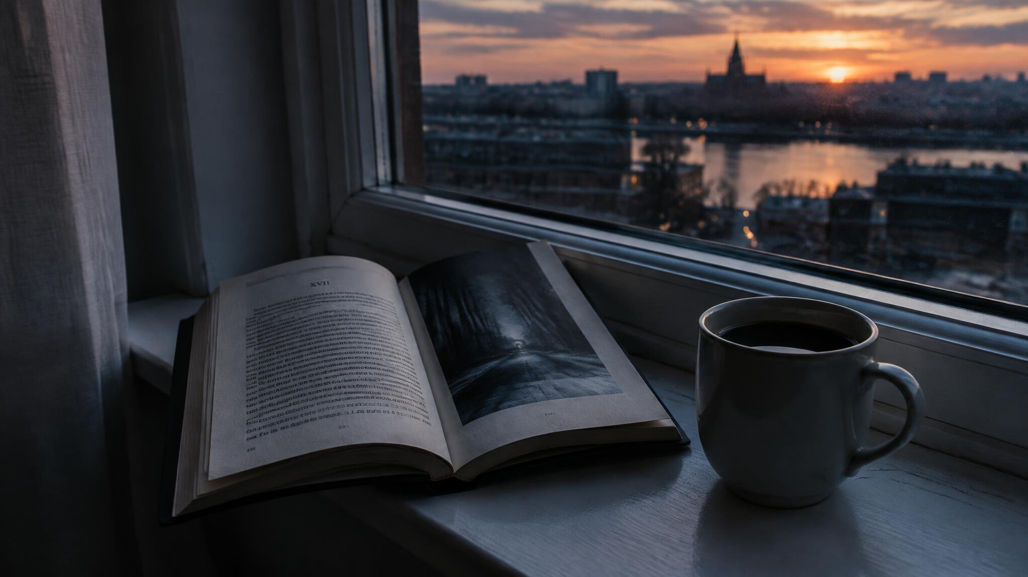 Open book with a cup of coffee on a window sill at dusk