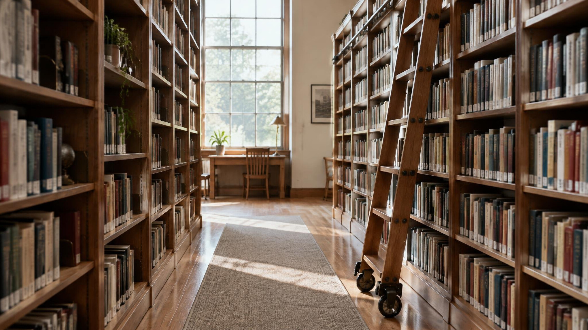 Quiet library aisle with wooden shelves and a ladder