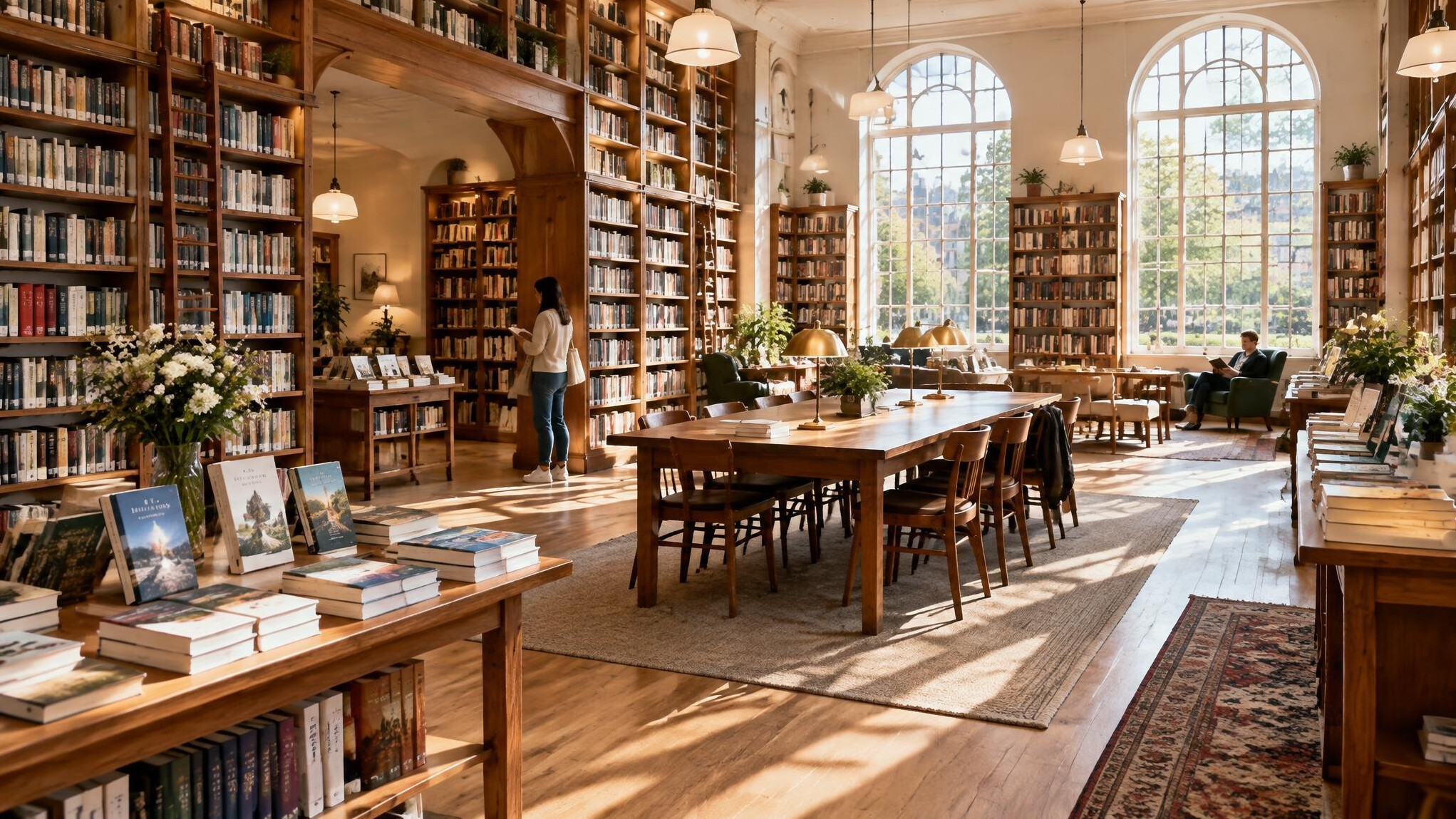 Spacious library hall with wooden shelves and reading tables