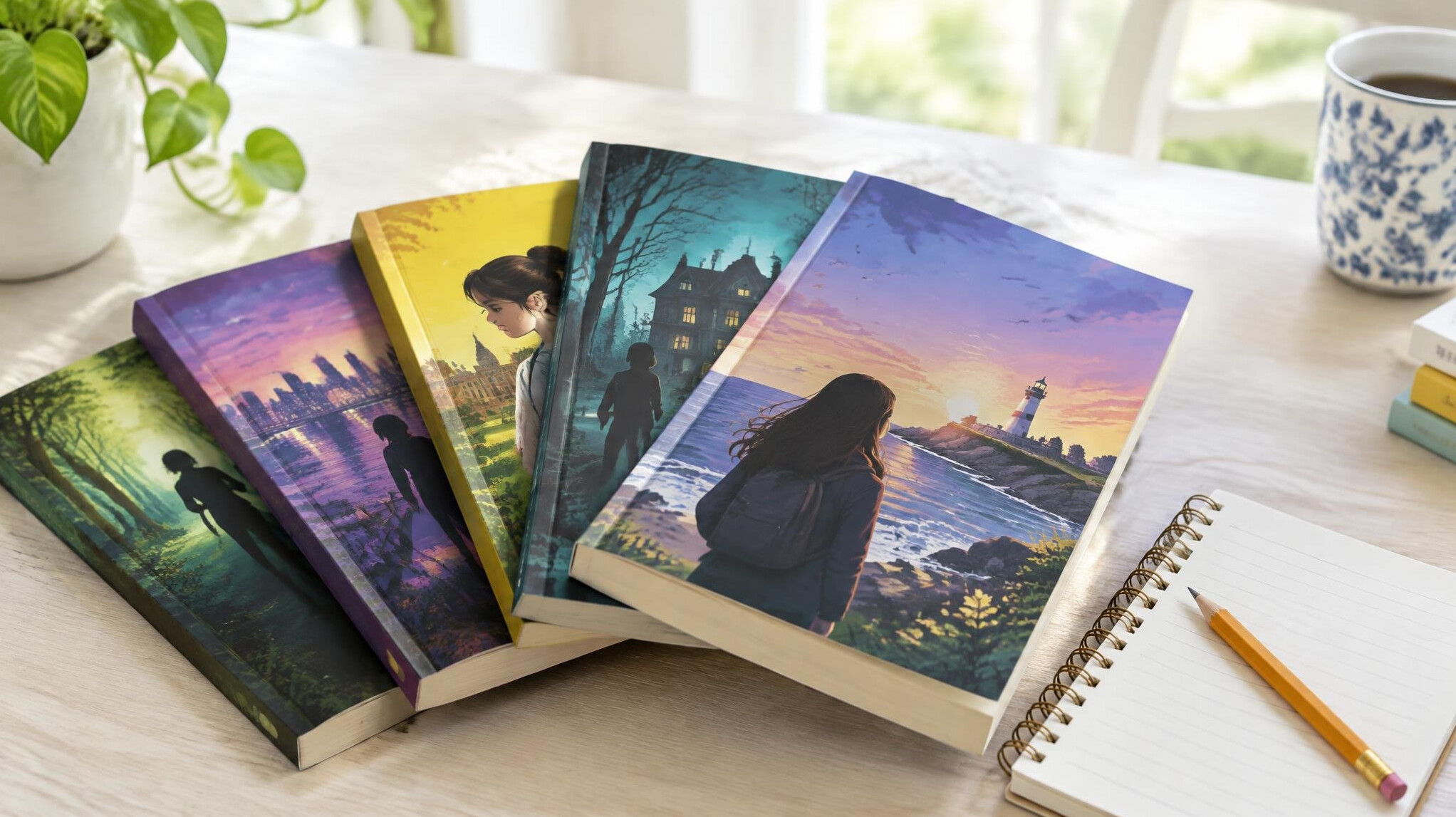 Colorful young adult mystery books on a light table
