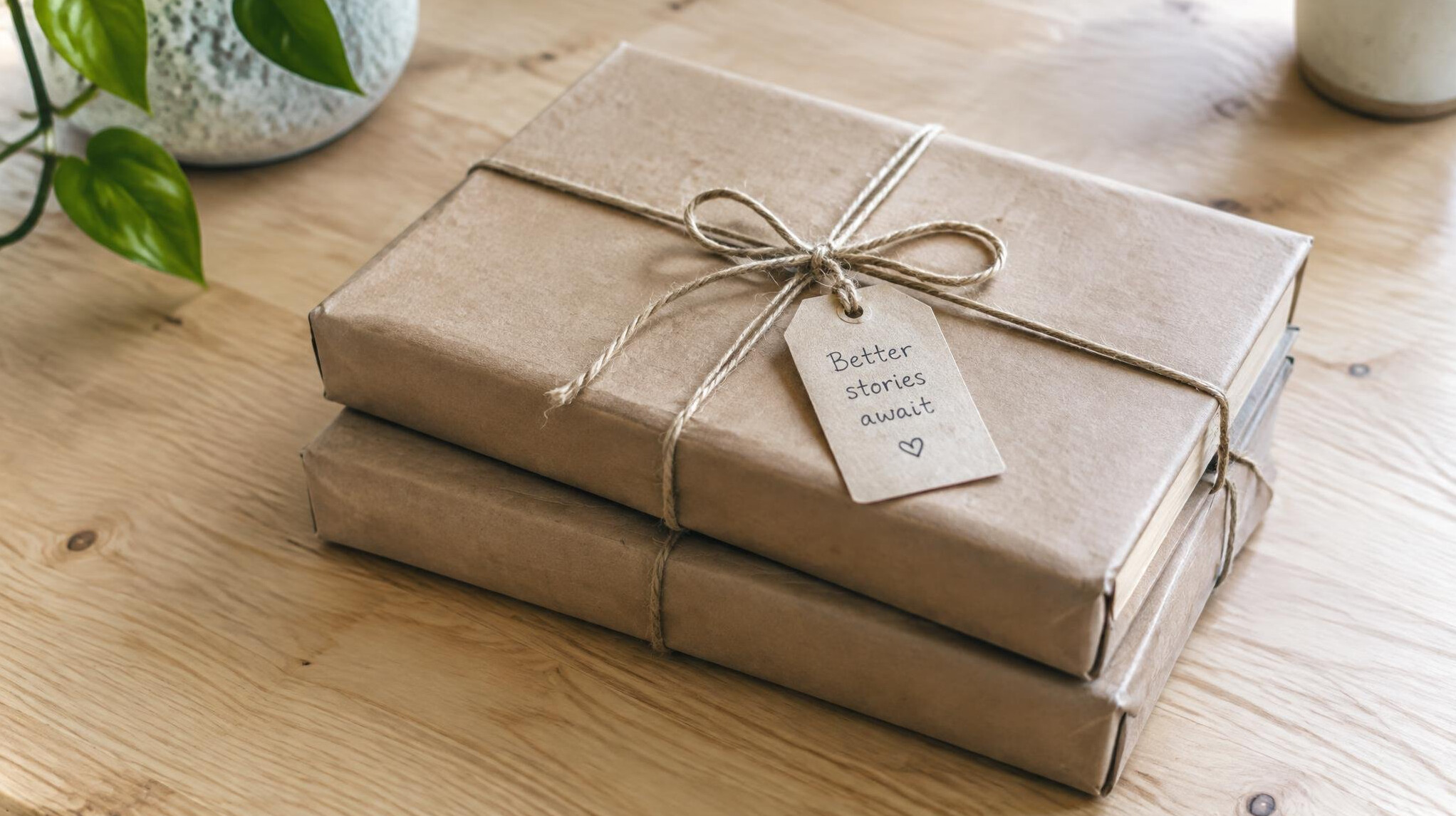 Books wrapped in kraft paper with a ribbon as a gift