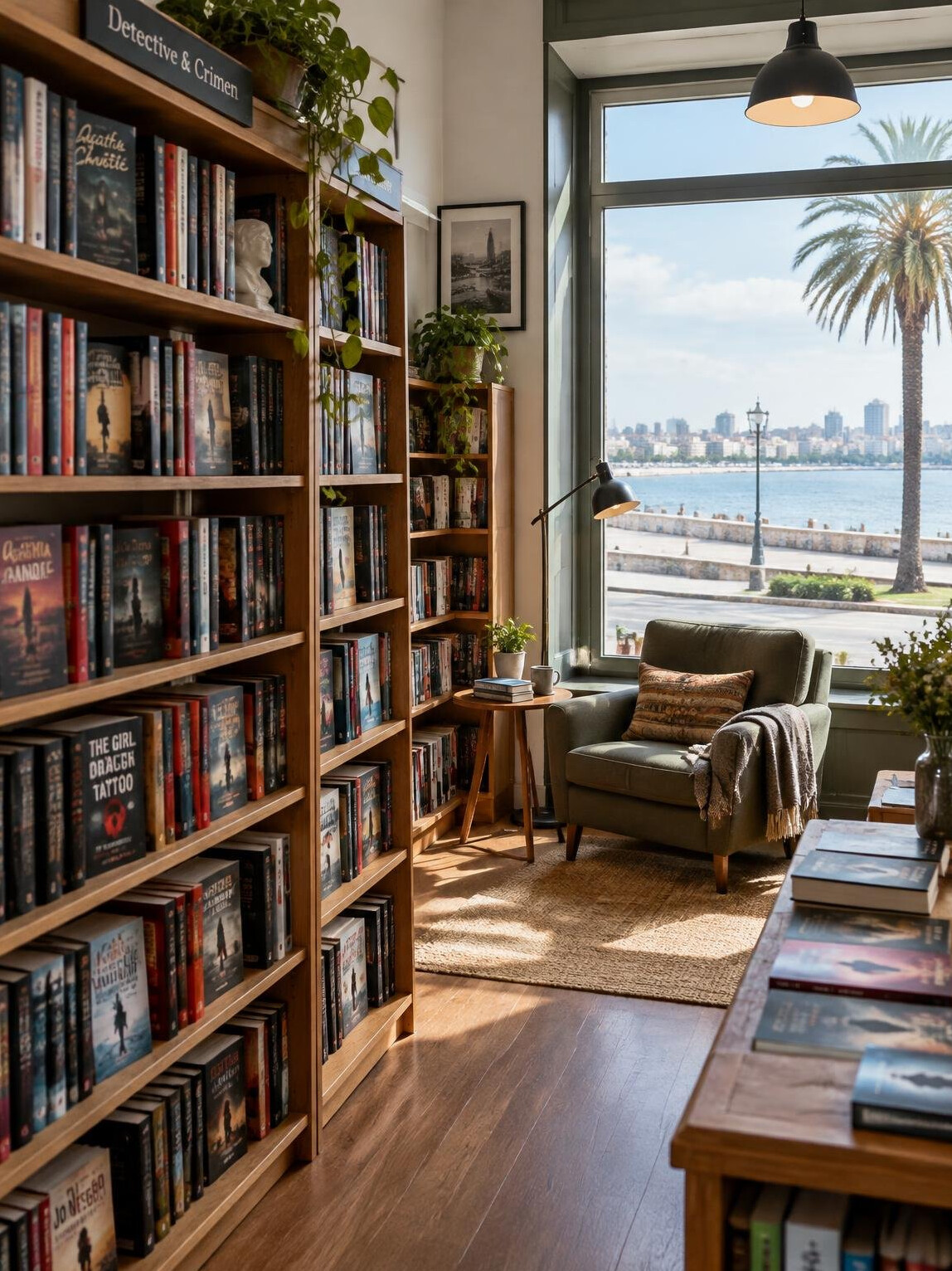 Bright bookshop shelves full of crime novels with a reading armchair