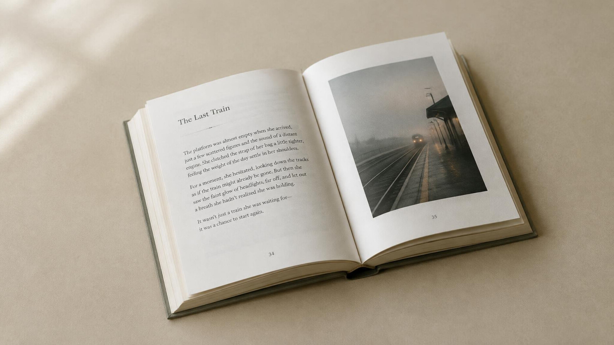 Single open anthology book with pages visible on a neutral surface