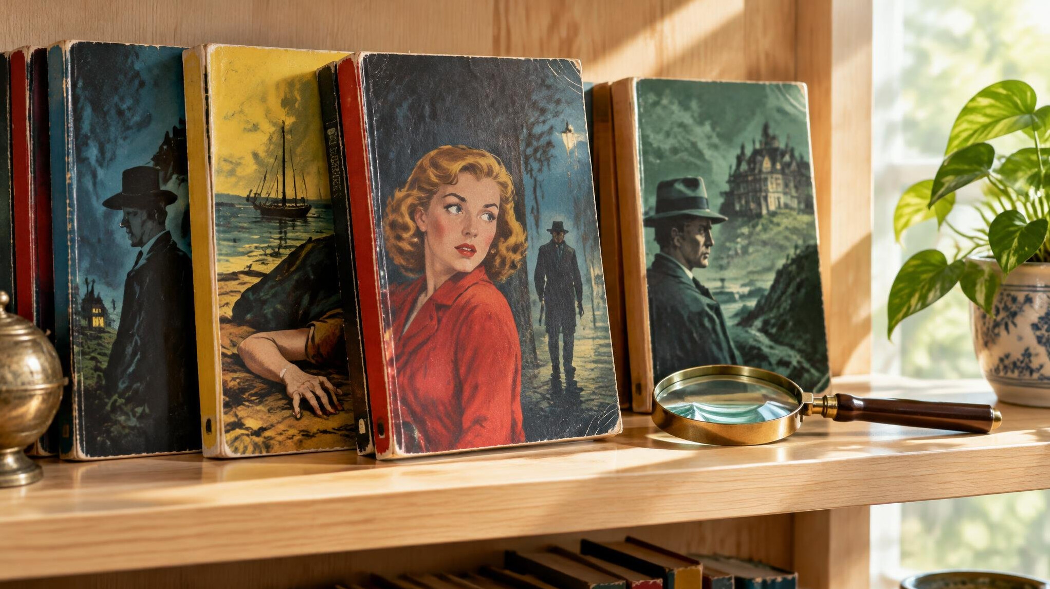 Colorful classic mystery paperbacks arranged on a shelf
