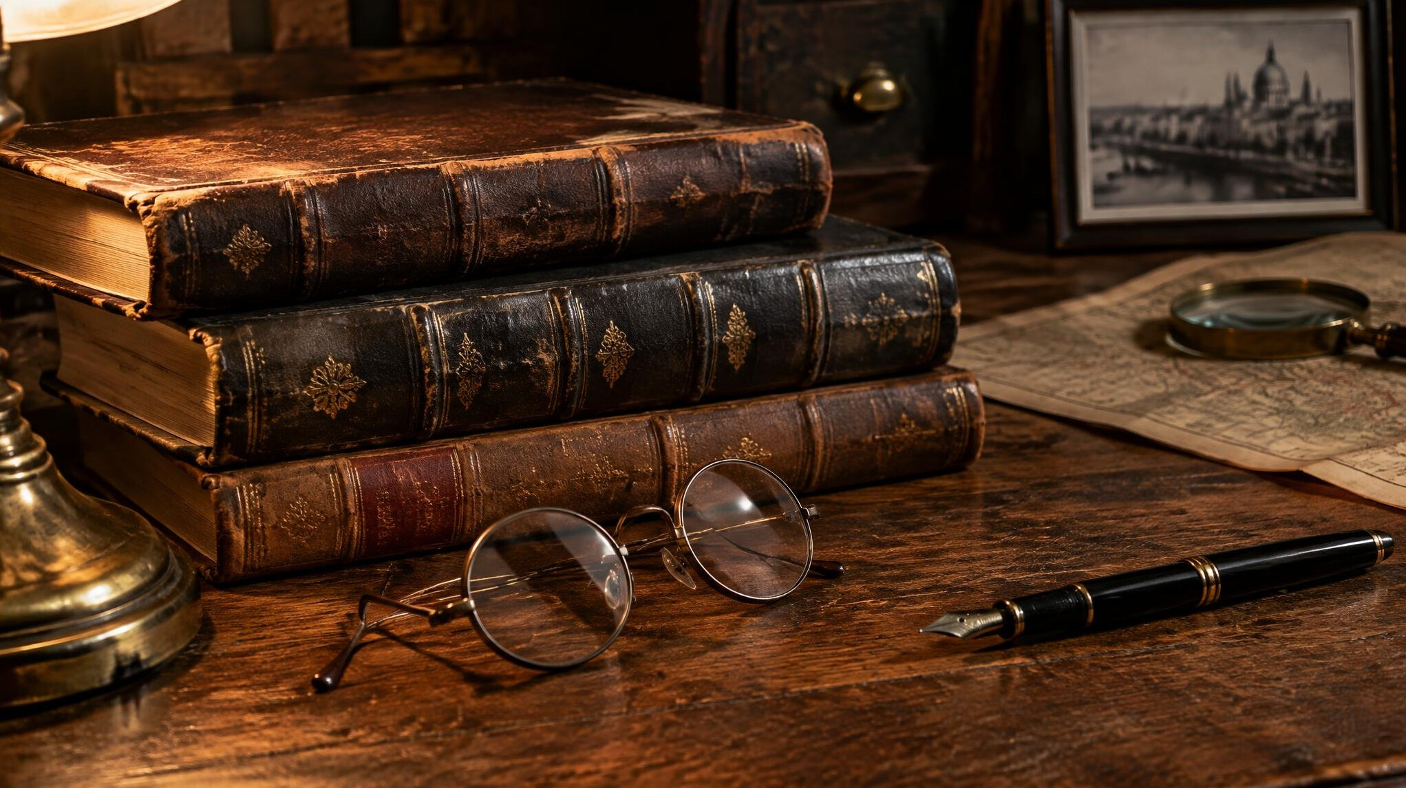 Old leather-bound books and a pair of round glasses on a desk